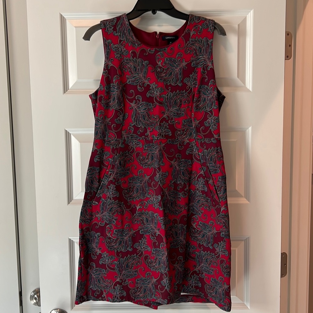 Lands’ End sleeveless paisley dress, perfect color for holidays pair w/cardigan!